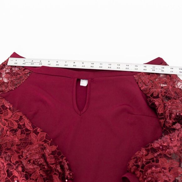 Venus Women's Burgundy Top L Balloon Sleeve Lace Sequin Holiday Christmas Glam - Picture 6 of 10
